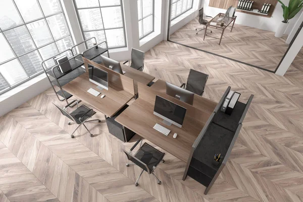 Top view on bright office interior with tables with desktops, panoramic windows with Singapore view and wooden hardwood floor. Concept of place for working process and coworking. 3d rendering