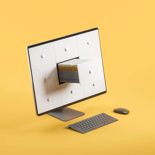 Pc computer, screen with shelf and heap of files in row on yellow background. Search of documents in business archive. Concept of online database and storage. 3D rendering