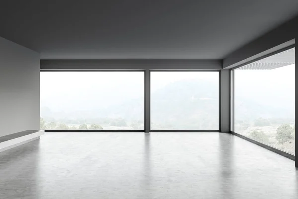 Dark living room with grey concrete floor, front view, empty open space room with panoramic window on countryside. No furniture, no people. 3D rendering