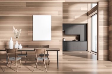 Parlak mutfak odasının önü boş beyaz poster, dolap, sandalyeli yemek masası, ahşap zemin. Minimalist tasarım kavramı. Yaratıcı fikir için yer var. Model yap. 3d oluşturma