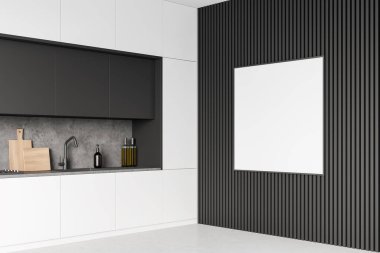 Parlak mutfak odasının içi boş beyaz poster, dolap, fırın, gri ve beyaz duvar, lavabo, yağ, fırın ve beton zemin. Minimalist tasarım kavramı. Model yap. 3d oluşturma