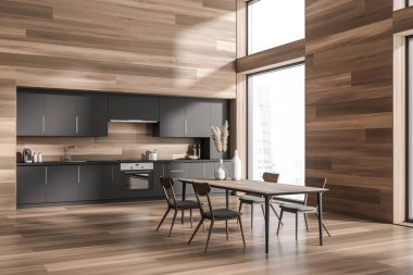 Parlak mutfak odasının iç tarafı, sandalyeli yemek masası, panoramik pencere, dolap, gaz ocağı, ahşap duvar, fırın ve ahşap zemin. Minimalist tasarım kavramı. 3d oluşturma