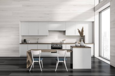 Koyu renk mutfak odasının içi sandalyeli, dolaplı, panoramik pencereli, gaz ocağı, ahşap duvar, kahve makinesi ve ahşap zemini olan bir ada. Minimalist tasarım kavramı. 3d oluşturma