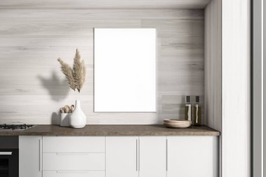 Parlak mutfak odasının içini boş beyaz poster, dolap, fırın, ahşap duvar, yağ, fırın ve zemin ile kapatın. Minimalist tasarım kavramı. Model yap. 3d oluşturma