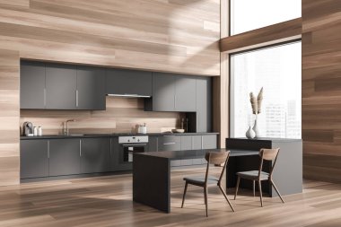 Parlak mutfak odasının iç tarafında sandalyeleri, dolabı, panoramik penceresi, gaz ocağı, ahşap duvarı, kahve makinesi ve sert ahşap zemini olan bir yer. Minimalist tasarım kavramı. 3d oluşturma