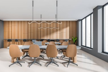 Karanlık ofis odasının içini Singapur manzaralı panoramik pencereli ön manzara, toplantı tahtası, dizüstü bilgisayarlı masa ve beton zemin. Çalışma süreci ve buluşma yeri kavramı. 3d oluşturma