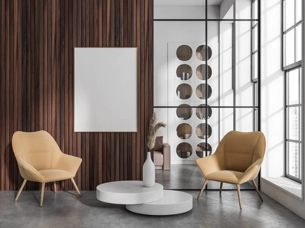 Ofis odasının içi boş beyaz poster, rahat koltuklar, vazolu kahve masası, panoramik pencere, cam bölme ve beton zemin. Buluşma yeri kavramı. 3d oluşturma