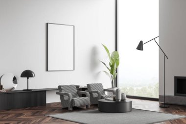 Beyaz gevşeme bölgesi, koltuk, sehpa, ahşap zemin. Rafta süsleme, yan görüş. Kırsal kesimde panoramik pencere. Posteri taklit et, 3D görüntüleme