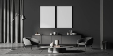 Koyu soğuk bölge iç kısmı iki koltuk ve kahve masası, sanat süslemeli şifonyer, gri beton zeminde halı. İki tane boş poster. 3B görüntüleme