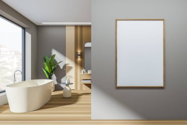 Banyo içinde küvet ve lavabo, güvertede aksesuarlar, ahşap zeminde bitki ve masa. Kırsal alanda panoramik pencere. Tuvalin posterini hazırla. 3B görüntüleme