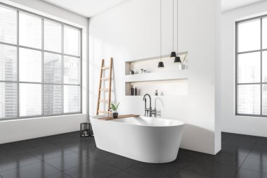 Küvetli siyah beyaz banyo, aksesuarlı güverte, yan görüş, koyu fayanslı merdiven. Singapur manzaralı panoramik pencereli bir otelde yıkanma yeri. 3B görüntüleme