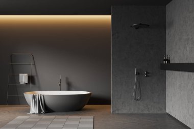 Küvetli, duşlu, havlulu, merdivenli, gri beton zeminde halı olan koyu bir banyo. Otel dairesinde çamaşır köşesi. 3B görüntüleme