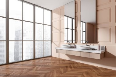 Çift lavabo ve aynalı bej banyo, yan görüş, Singapur şehir manzaralı panoramik pencere, banyo aksesuarlı güverte, ahşap zemin. 3B görüntüleme
