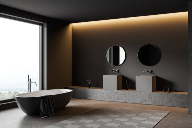 Banyonun içi koyu renk banyo küvetli ve çift lavabolu ayna, yan görüş, gri beton zeminde halı. Kırsal alanda panoramik pencere, banyo aksesuarları. 3B görüntüleme