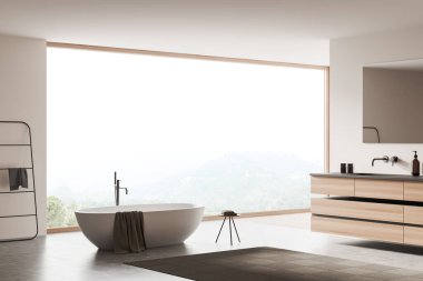 Beyaz banyo içi, banyo küveti ve havlu demiryolu merdiveni, yan görüş, ahşap döşemeli lavabo, aksesuarlar ve beton zeminde halı. Kırsal kesimde panoramik pencere. 3B görüntüleme