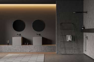 Çift lavabolu ve aynalı karanlık banyo, köşede duş ve havlu merdiveni, gri beton zeminde halı. Otel dairesinde çamaşır yıkama yeri. 3B görüntüleme