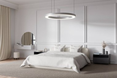 Beyaz dinlenme odası içinde yatak ve tuvalet masası, puf ve ayna, iki komodin ve lamba. Modern otel dairesindeki uyku alanı, 3D görüntüleme.