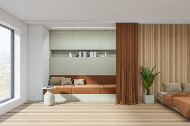 Tahta, dinlenme odası, yatak, kanepe, sehpa, ahşap döşeme. Kahverengi perdeler ve dekorasyonlu raf kırsal alanda panoramik pencere. 3B görüntüleme