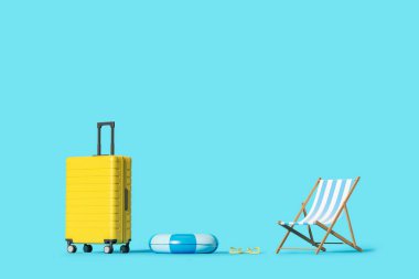 Yaz tatili için tatil eşyaları, plaj aksesuarları. Rahatlama ve seyahat kavramı. Fotokopi alanı. 3B görüntüleme