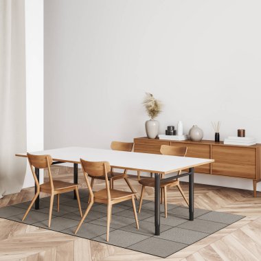 Şık bir yemek köşesi, sandalyeler, halı, ahşap döşeme. Sanat dekorasyonlu bir giysi, yan görüş. Boşluk beyaz duvarını kopyala. 3B görüntüleme