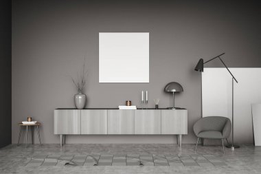 Koyu soğuk bölge iç kısmı, gri beton zemin üzerinde sanat dekorasyonu, lamba ve sanat resmi olan koltuk ve şifoniyer. Boş poster, 3 boyutlu görüntüleme