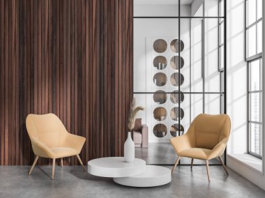 Ofis odasının iç manzarası ahşap ve beyaz duvar, rahat koltuklar, vazolu kahve masası, panoramik pencere, cam bölme ve beton zemin. Buluşma yeri kavramı. 3d oluşturma