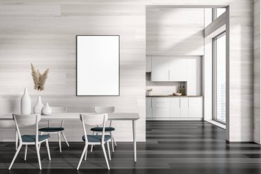 Karanlık mutfak odasının önü boş beyaz poster, dolap, sandalyeli yemek masası, ahşap zemin. Minimalist tasarım kavramı. Yaratıcı fikir için yer var. Model yap. 3d oluşturma