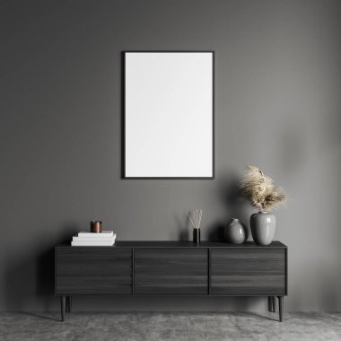 Ahşap şifoniyer, sanat dekorasyonu, ön manzara, gri beton zemin. Gri duvara poster yap. 3B görüntüleme