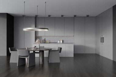 Koyu mutfak, koltuklar, yuvarlak yemek masası, ön manzara, koyu ahşap zemin. Açık alan yemek alanı ve fırın monte edildi, ön manzara. 3B görüntüleme