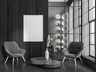 Karanlık ofis odasının içini boş beyaz poster, rahat koltuk, vazolu kahve masası, panoramik pencere, cam bölme ve beton zemin. Buluşma yeri kavramı. 3d oluşturma