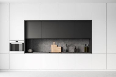 Işıl ışıl mutfak odasının içini dolap, gaz ocağı, beyaz ve gri duvar, lavabo, sıvı sabun, yağ, fırın ve beton zemin ile kapatın. Minimalist tasarım kavramı. 3d oluşturma