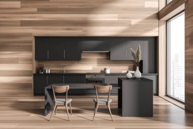 Parlak mutfak odasının önü. İçinde sandalyeler, dolap, panoramik pencere, gaz ocağı, ahşap duvar, kahve makinesi ve ahşap zemin olan bir ada var. Minimalist tasarım kavramı. 3d oluşturma