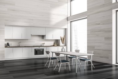 Koyu renk mutfak odasının iç tarafında sandalyeler, panoramik pencere, dolap, gaz ocağı, ahşap duvar, fırın ve ahşap zemin. Minimalist tasarım kavramı. 3d oluşturma