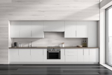 Karanlık mutfak odasının önü dolap, panoramik pencere, gaz ocağı, ahşap duvar, lavabo, kahve makinesi, yağ, fırın ve meşe kaplı ahşap zemin. Minimalist tasarım kavramı. 3d oluşturma