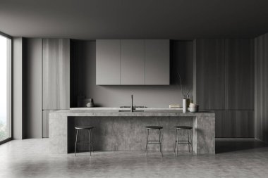 Bar sandalyeli, tezgahlı, gri beton zeminli koyu yemek pişirme. Dolap ve mutfak gereçleri rafta. Kırsalda penceresi olan modern bir mutfak. 3B görüntüleme