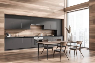 Parlak mutfak odasının iç tarafı, sandalyeli yemek masası, panoramik pencere, dolap, gaz ocağı, ahşap duvar, fırın ve ahşap zemin. Minimalist tasarım kavramı. 3d oluşturma