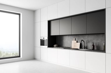 Mutfak dolabında lavabo, güvertede mutfak gereçleri, yan görüş, kırsal alanda panoramik pencere. Raflar ve fırın monte edilmiş, zemin aydınlık beton. 3B görüntüleme