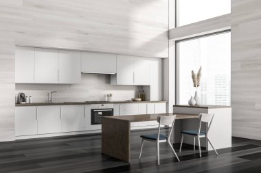 Parlak mutfak odasının iç tarafında sandalyeleri, dolabı, panoramik penceresi, gaz ocağı, ahşap duvarı, kahve makinesi ve sert ahşap zemini olan bir yer. Minimalist tasarım kavramı. 3d oluşturma