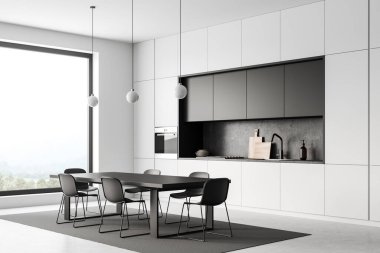Parlak mutfak odasının iç tarafında dolap, panoramik pencere, koltuklu yemek masası, gaz ocağı, beyaz ve gri duvar ve beton zemin. Minimalist tasarım kavramı. 3d oluşturma