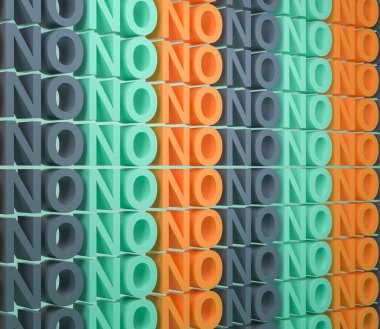 Hayır kelimesinin duvarı farklı renklerde. Olumsuz tepki. Reddedilme kavramı. 3B görüntüleme