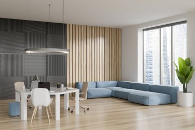 Parlak ofis odasının iç tarafında Singapur manzaralı panoramik pencere, kanepe, dizüstü bilgisayarlı masa ve meşe ağacından zemin. Çalışma süreci ve buluşma yeri kavramı. 3d oluşturma