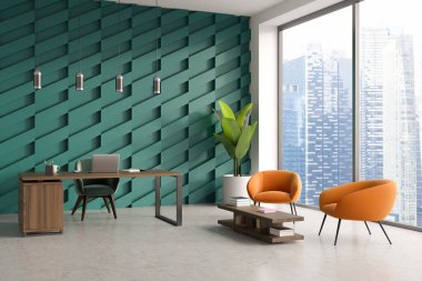 Masasında dizüstü bilgisayarı, yan görüşü, hafif beton zeminde koltukları olan bir danışma odası. Dekorasyon ve bitki. Singapur şehir manzarasında panoramik pencere. 3B görüntüleme