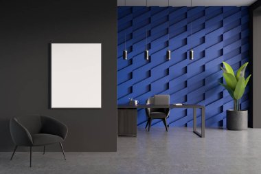 Çalışma masası ve dizüstü bilgisayarlı mavi CEO, gri beton zemin, girişten önce koltuk. Minimalist bekleme alanı ve danışma odası. Duvara afiş asın. 3B görüntüleme