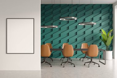 Toplantı odasının içinde sarı sandalyeler ve masa, parlak beton zemin. Çiçek ve lambalı modern bekleme salonu. Girişten önce manken reklamı. 3B görüntüleme