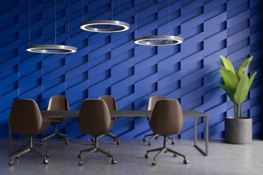 Mavi iç mekan, sandalyeler ve masa, ön manzara, gri beton zemin. Saksıya ve lambalara bitki koy. İş yerinde minimalist bekleme alanı. 3B görüntüleme