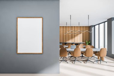 İçi boş beyaz posterli, Singapur manzaralı panoramik pencereli, dizüstü bilgisayarı ve beton zemini olan bir masa. Çalışma sürecinin konsepti. Model yap. 3d oluşturma