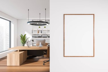 Koltukları ve bilgisayarı olan beyaz CEO masasında, parke zeminde. Belgeler ve dekorasyonla rafta. Şehir manzarasında panoramik pencere. Posteri taklit et, 3D görüntüleme