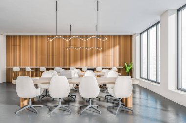 Parlak ofis odasının içini Singapur manzaralı panoramik pencereli ön manzara, toplantı tahtası, dizüstü bilgisayarlı masa ve beton zemin. Çalışma süreci ve buluşma yeri kavramı. 3d oluşturma