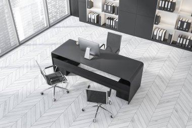 Masasında bilgisayar, beyaz ahşap zeminde koltuklar olan danışma odasının en üst görüntüsü. İş belgeleriyle dolu raflar. Singapur şehir manzarasında panoramik pencere. 3B görüntüleme