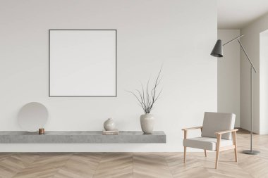 Koltuklu beyaz bir soğuk alan, sanat dekorasyonlu bir raf, ahşap zeminde lamba. Kare boş poster, 3B görüntüleme
